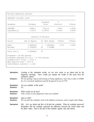 89
Instructor: Looking at the estimation results, we are now ready to go ahead and do the
diagnostic checking. How would you analyze the results at this point from the
estimation phase?
Students: We are getting 2 lag of advertising as being significant, since the p-value is 0.0000.
So, it is extremely significant and the R-squared is now 0.3776.
Instructor: Are you satisfied at this point?
Students: No.
Instructor: What would you do next?
Students: Take a look at some diagnostics that are available.
Instructor: Such as what?
Students: We can plot the residuals, look at the influence measures, and a couple other things.
Instructor: OK. Let’s go ahead and first of all plot the residuals. What do residuals represent?
Remember that the residuals represent the difference between the actual values and
the fitted values. Here is the plot of the residuals against time (the index):
Multiple Regression Analysis
-----------------------------------------------------------------------------
Dependent variable: sales
-----------------------------------------------------------------------------
Standard T
Parameter Estimate Error Statistic P-Value
-----------------------------------------------------------------------------
CONSTANT 56480.4 7184.33 7.8616 0.0000
lag(advert,2) 1.51372 0.199747 7.57819 0.0000
-----------------------------------------------------------------------------
Analysis of Variance
-----------------------------------------------------------------------------
Source Sum of Squares Df Mean Square F-Ratio P-Value
-----------------------------------------------------------------------------
Model 1.68543E10 1 1.68543E10 57.43 0.0000
Residual 2.70002E10 92 2.9348E8
-----------------------------------------------------------------------------
Total (Corr.) 4.38544E10 93
R-squared = 38.4323 percent
R-squared (adjusted for d.f.) = 37.7631 percent
Standard Error of Est. = 17131.3
Mean absolute error = 10777.8
Durbin-Watson statistic = 1.1601
 