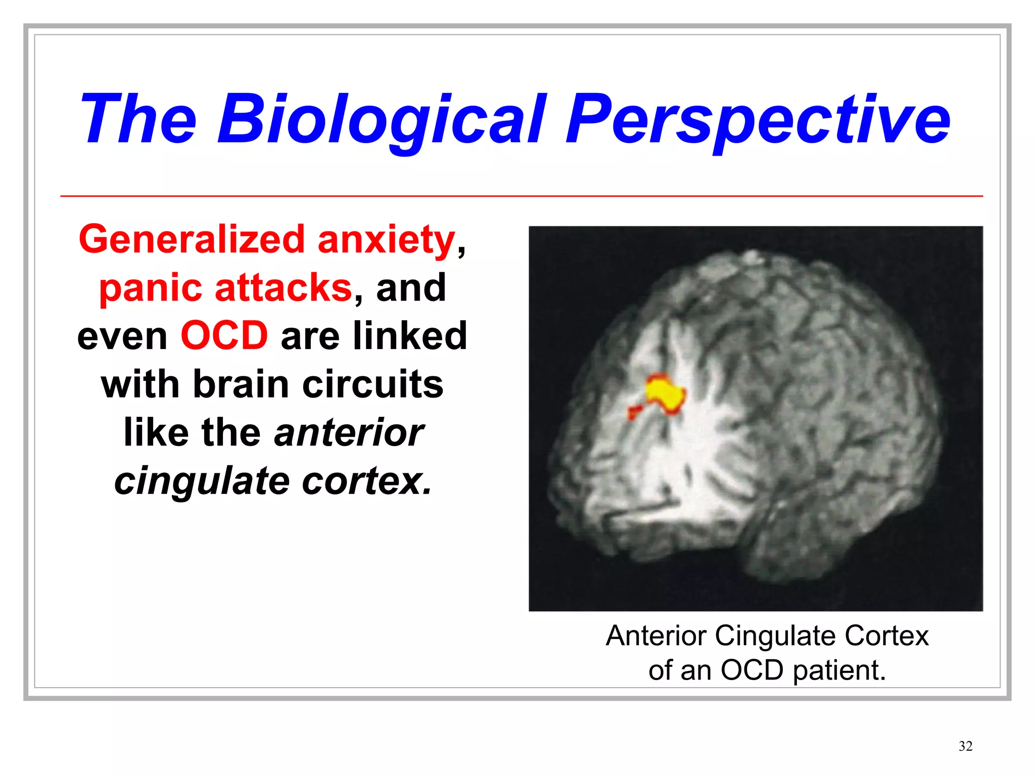 The Biological Perspective Generalized anxiety ,  panic attacks , and even  OCD  are linked with brain circuits like the  anterior cingulate cortex. Anterior Cingulate Cortex of an OCD patient. 