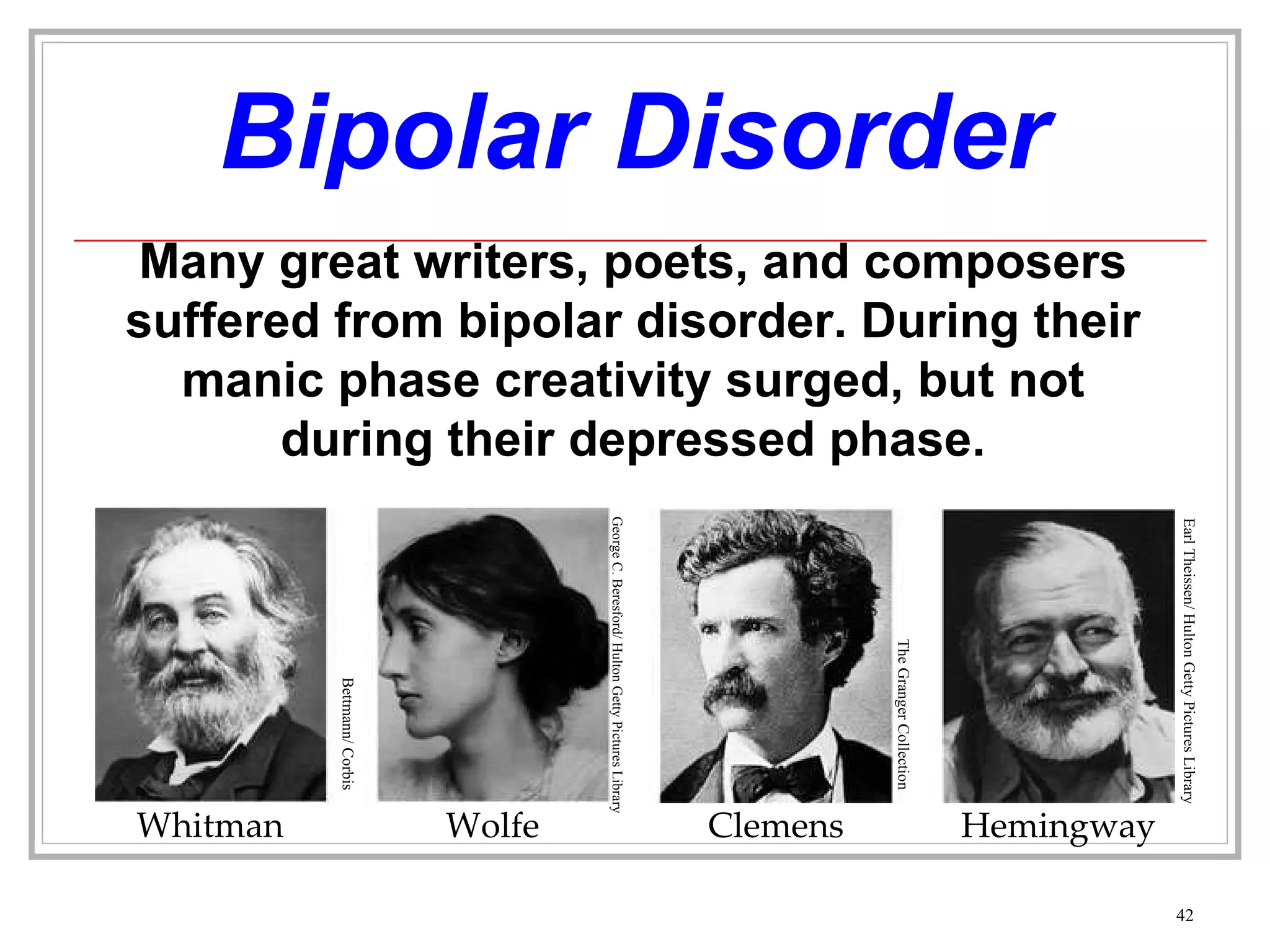 Bipolar Disorder Many great writers, poets, and composers suffered from bipolar disorder. During their manic phase creativity surged, but not during their depressed phase. Bettmann/ Corbis George C. Beresford/ Hulton Getty Pictures Library The Granger Collection Earl Theissen/ Hulton Getty Pictures Library Whitman Wolfe Clemens Hemingway 