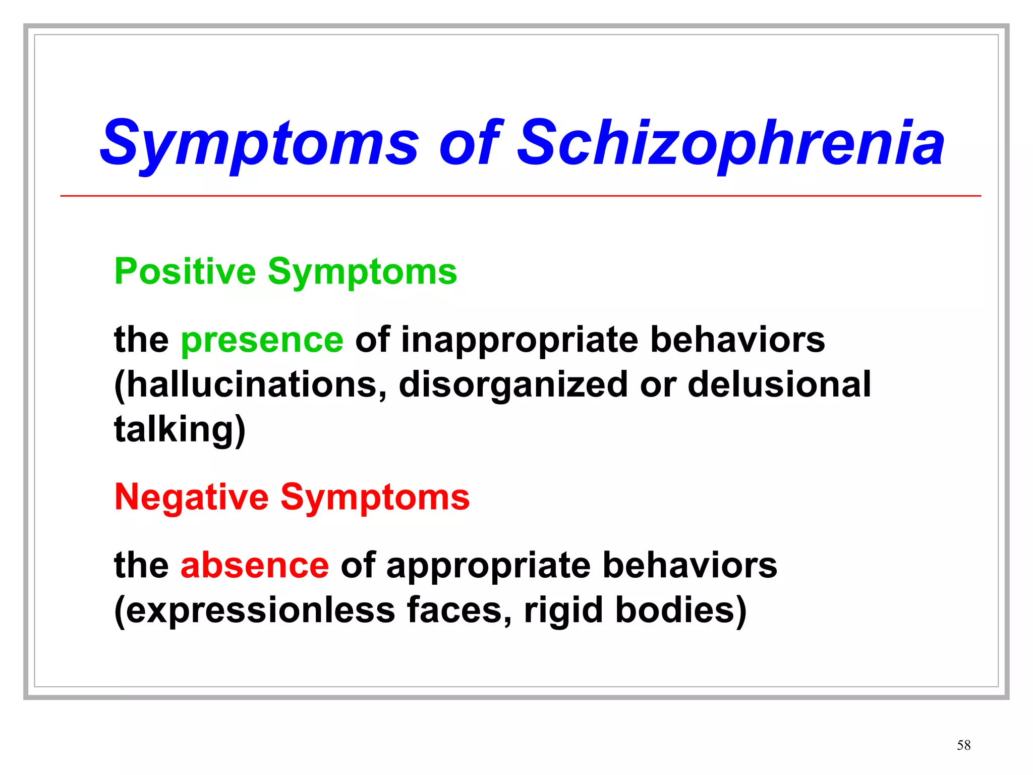 Symptoms of Schizophrenia Positive Symptoms the  presence  of inappropriate behaviors (hallucinations, disorganized or delusional talking) Negative Symptoms the  absence  of appropriate behaviors (expressionless faces, rigid bodies) 