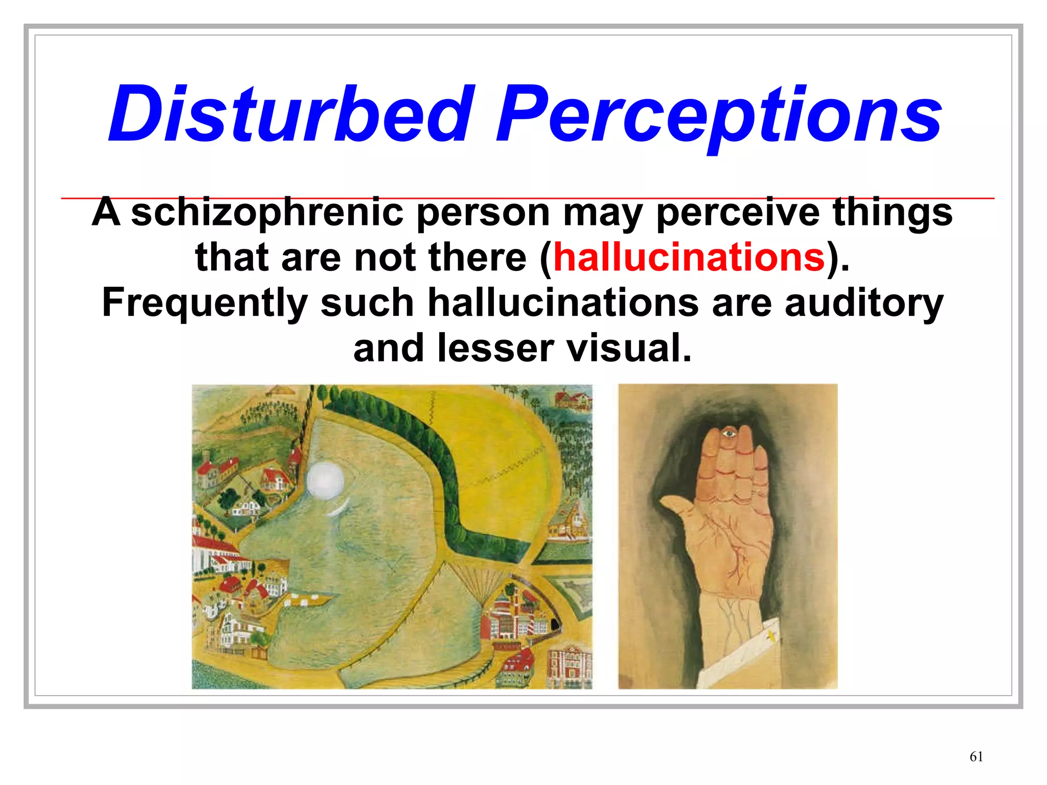 Disturbed Perceptions A schizophrenic person may perceive things that are not there ( hallucinations ). Frequently such hallucinations are auditory and lesser visual. 