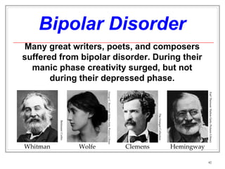 Bipolar Disorder Many great writers, poets, and composers suffered from bipolar disorder. During their manic phase creativity surged, but not during their depressed phase. Bettmann/ Corbis George C. Beresford/ Hulton Getty Pictures Library The Granger Collection Earl Theissen/ Hulton Getty Pictures Library Whitman Wolfe Clemens Hemingway 