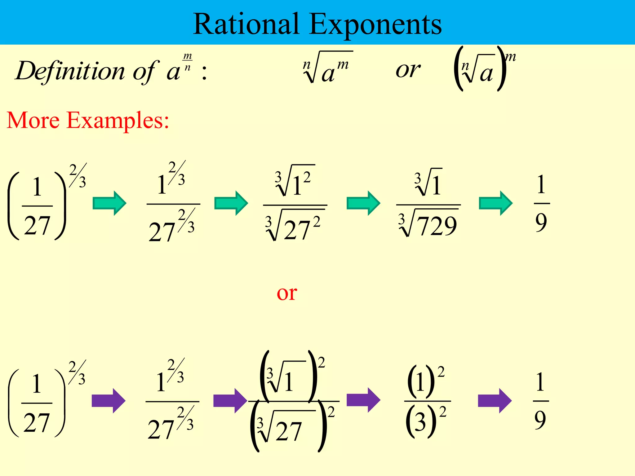 Rational Exponents
More Examples:
:
n
m
a
of
Definition n m
a or  m
n
a
3
2
3
2
27
1
3
2
27
1






3 2
3 2
27
1
9
1
3
3
729
1
3
2
3
2
27
1
3
2
27
1





  
 2
3
2
3
27
1
9
1
 
 2
2
3
1
or
 