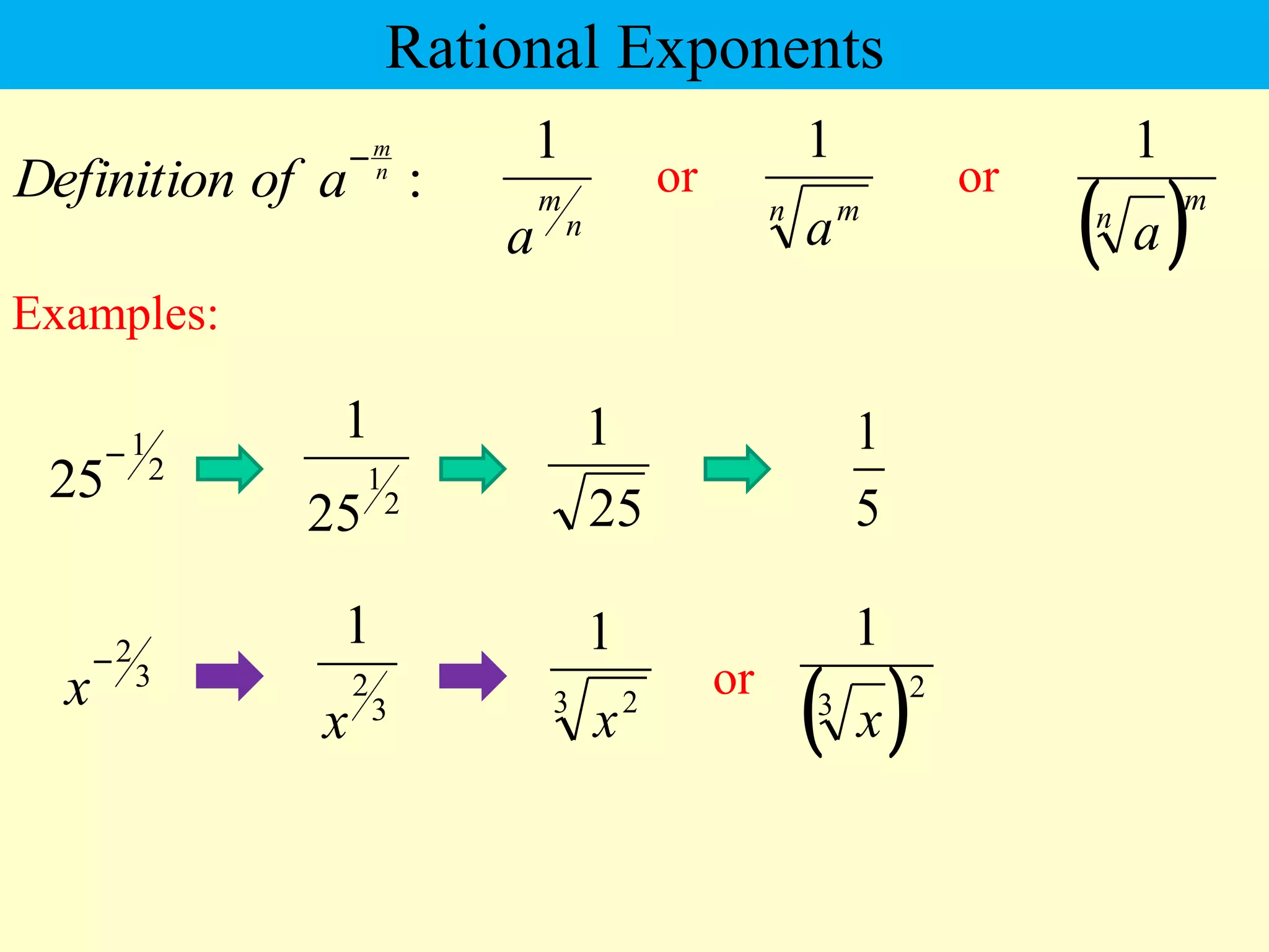 Rational Exponents
Examples:
:
n
m
a
of
Definition

n m
a
1
 m
n
a
1
2
1
25
1
2
1
25

25
1
5
1
3
2
1
x
3
2

x 3 2
1
x  2
3
1
x
n
m
a
1
or or
or
 