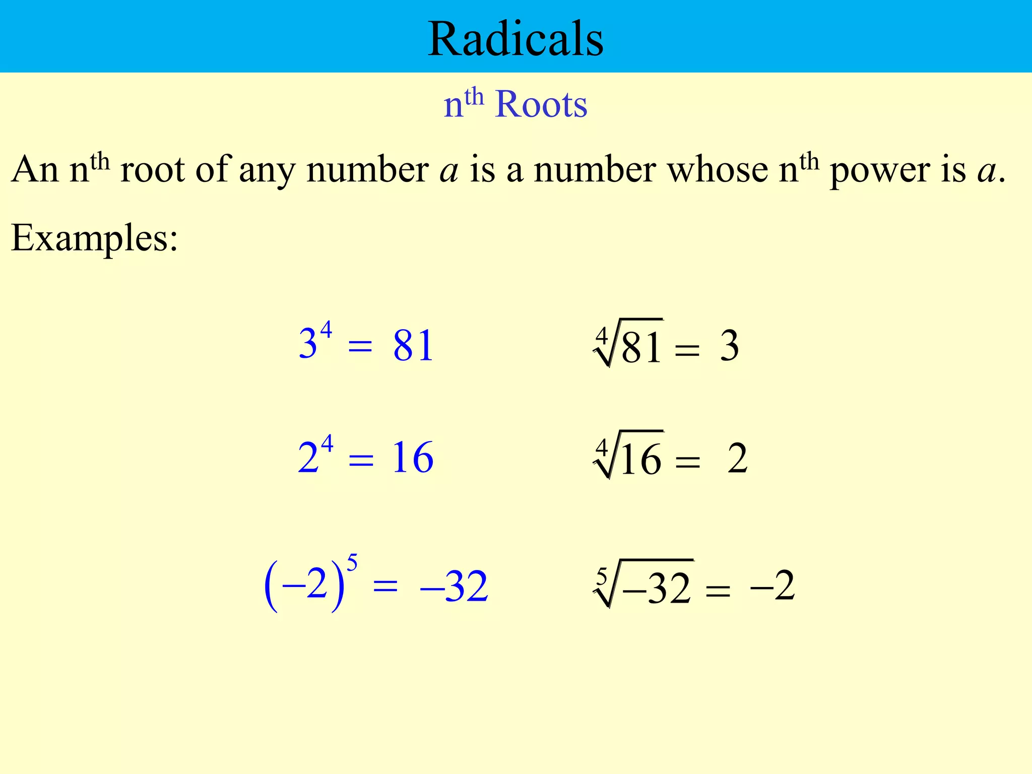 nth Roots
An nth root of any number a is a number whose nth power is a.
Examples:
2
4
81  3
4
16 
5
32
  2

4
3  81
4
2  16
 
5
2
  32

Radicals
 