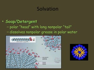 Solvation Soap/Detergent polar “head” with long nonpolar “tail” dissolves nonpolar grease in polar water 