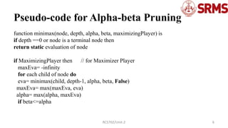 Pseudo-code for Alpha-beta Pruning
function minimax(node, depth, alpha, beta, maximizingPlayer) is
if depth ==0 or node is a terminal node then
return static evaluation of node
if MaximizingPlayer then // for Maximizer Player
maxEva= -infinity
for each child of node do
eva= minimax(child, depth-1, alpha, beta, False)
maxEva= max(maxEva, eva)
alpha= max(alpha, maxEva)
if beta<=alpha
6
RCS702/Unit-2
 