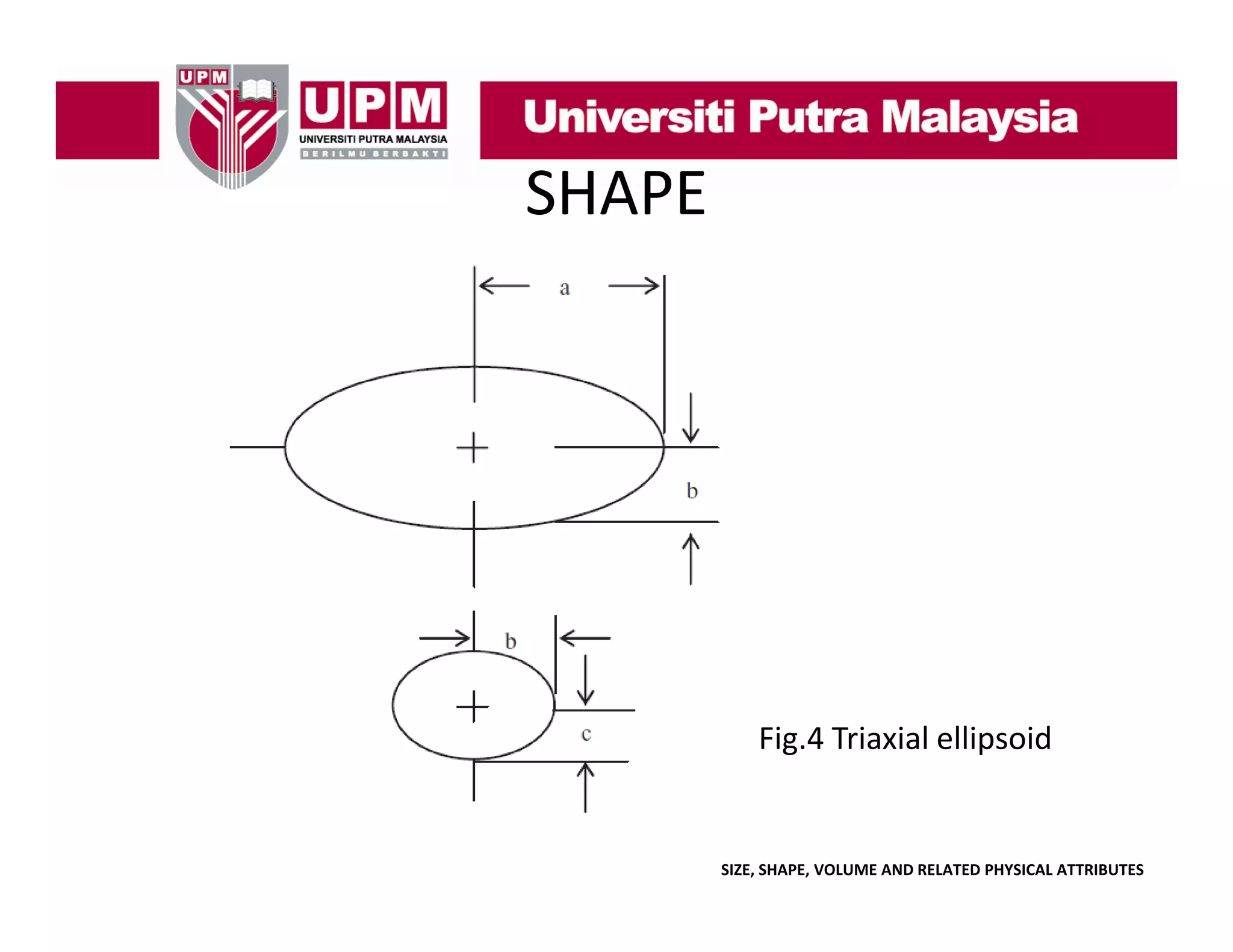 SHAPE

Fig.4 Triaxial ellipsoid

SIZE, SHAPE, VOLUME AND RELATED PHYSICAL ATTRIBUTES

 