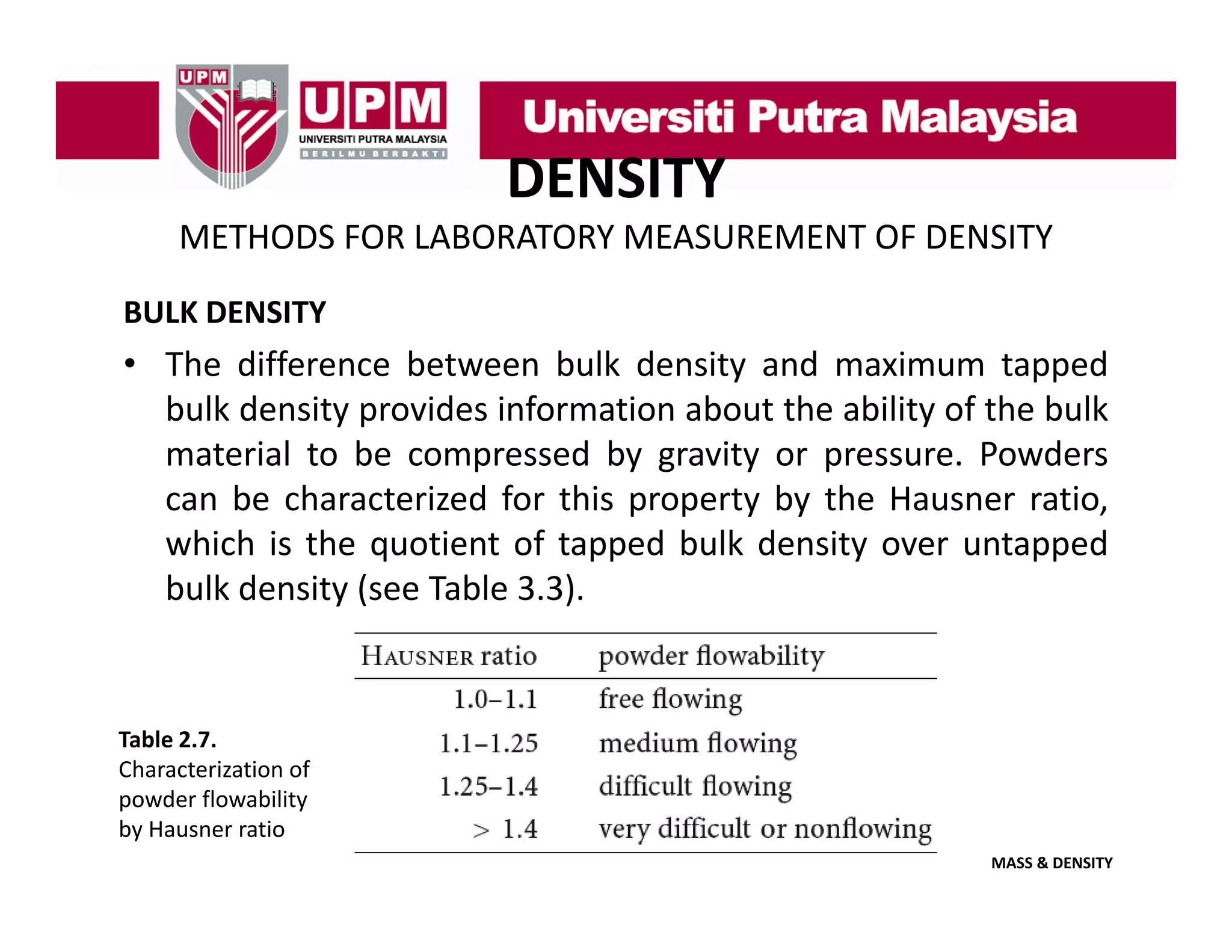 DENSITY
METHODS FOR LABORATORY MEASUREMENT OF DENSITY
BULK DENSITY

• The difference between bulk density and maximum tapped
bulk density provides information about the ability of the bulk
material to be compressed by gravity or pressure. Powders
can be characterized for this property by the Hausner ratio,
which i th quotient of t
hi h is the
ti t f tapped b lk d it over untapped
d bulk density
t
d
bulk density (see Table 3.3).

Table 2.7. 
Characterization of 
Characterization of
powder flowability
by Hausner ratio 
MASS & DENSITY

 