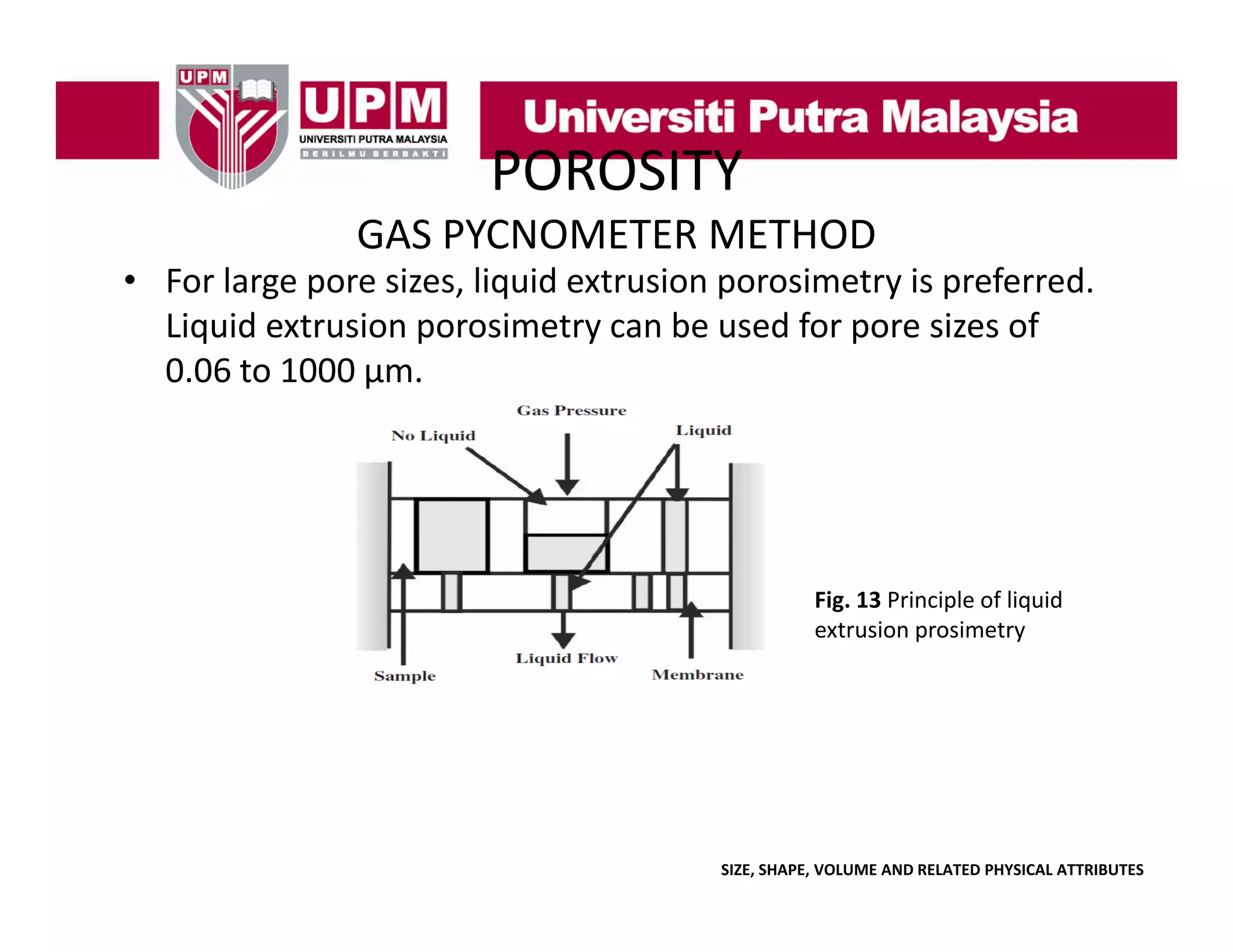 POROSITY
GAS PYCNOMETER METHOD

• For large pore sizes, liquid extrusion porosimetry is preferred. 
g p
, q
p
y p
Liquid extrusion porosimetry can be used for pore sizes of 
0.06 to 1000 μm.

Fig. 13 Principle of liquid 
extrusion prosimetry

SIZE, SHAPE, VOLUME AND RELATED PHYSICAL ATTRIBUTES

 