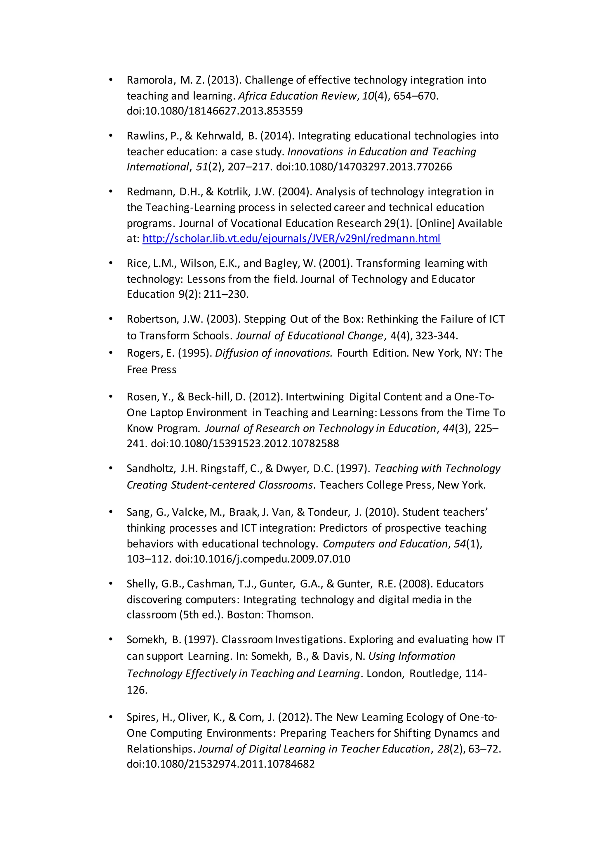 • Ramorola, M. Z. (2013). Challenge of effective technology integration into
teaching and learning. Africa Education Review, 10(4), 654–670.
doi:10.1080/18146627.2013.853559
• Rawlins, P., & Kehrwald, B. (2014). Integrating educational technologies into
teacher education: a case study. Innovations in Education and Teaching
International, 51(2), 207–217. doi:10.1080/14703297.2013.770266
• Redmann, D.H., & Kotrlik, J.W. (2004). Analysis of technology integration in
the Teaching-Learning process in selected career and technical education
programs. Journal of Vocational Education Research 29(1). [Online] Available
at: http://scholar.lib.vt.edu/ejournals/JVER/v29nl/redmann.html
• Rice, L.M., Wilson, E.K., and Bagley, W. (2001). Transforming learning with
technology: Lessons from the field. Journal of Technology and Educator
Education 9(2): 211–230.
• Robertson, J.W. (2003). Stepping Out of the Box: Rethinking the Failure of ICT
to Transform Schools. Journal of Educational Change, 4(4), 323-344.
• Rogers, E. (1995). Diffusion of innovations. Fourth Edition. New York, NY: The
Free Press
• Rosen, Y., & Beck-hill, D. (2012). Intertwining Digital Content and a One-To-
One Laptop Environment in Teaching and Learning: Lessons from the Time To
Know Program. Journal of Research on Technology in Education, 44(3), 225–
241. doi:10.1080/15391523.2012.10782588
• Sandholtz, J.H. Ringstaff, C., & Dwyer, D.C. (1997). Teaching with Technology
Creating Student-centered Classrooms. Teachers College Press, New York.
• Sang, G., Valcke, M., Braak, J. Van, & Tondeur, J. (2010). Student teachers’
thinking processes and ICT integration: Predictors of prospective teaching
behaviors with educational technology. Computers and Education, 54(1),
103–112. doi:10.1016/j.compedu.2009.07.010
• Shelly, G.B., Cashman, T.J., Gunter, G.A., & Gunter, R.E. (2008). Educators
discovering computers: Integrating technology and digital media in the
classroom (5th ed.). Boston: Thomson.
• Somekh, B. (1997). ClassroomInvestigations. Exploring and evaluating how IT
can support Learning. In: Somekh, B., & Davis, N. Using Information
Technology Effectively in Teaching and Learning. London, Routledge, 114-
126.
• Spires, H., Oliver, K., & Corn, J. (2012). The New Learning Ecology of One-to-
One Computing Environments: Preparing Teachers for Shifting Dynamcs and
Relationships. Journal of Digital Learning in Teacher Education, 28(2), 63–72.
doi:10.1080/21532974.2011.10784682
 