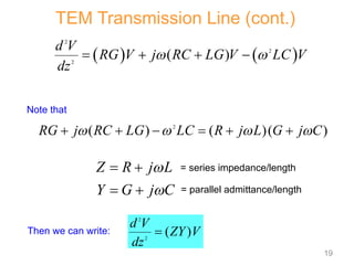 Note that
= series impedance/length
   
2
2
2
( )
d V
RG V j RC LG V LC V
dz
 
   
2
( ) ( )( )
RG j RC LG LC R j L G j C
   
     
Z R j L
Y G j C


 
  = parallel admittance/length
Then we can write:
2
2
( )
d V
ZY V
dz

TEM Transmission Line (cont.)
19
 