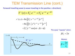 TEM Transmission Line (cont.)
0 0
( ) z z j z
V z V e V e e
  
     
 
Forward travelling wave (a wave traveling in the positive z direction):
 
 
 
 
 
0
0
0
( , ) Re
Re
cos
z j z j t
j z j z j t
z
v z t V e e e
V e e e e
V e t z
  
   

  
   
  
 


  
g

0
t 
z
0
z
V e 
 
2
g




2
g
 

The wave “repeats” when:
Hence:
21
 