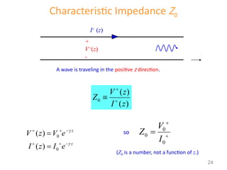 Characteristic Impedance Z0
0
( )
( )
V z
Z
I z



0
0
( )
( )
z
z
V z V e
I z I e


  
  


so 0
0
0
V
Z
I



+
V+
(z)
-
I+
(z)
z
A wave is traveling in the positive z direction.
(Z0 is a number, not a function of z.)
24
 