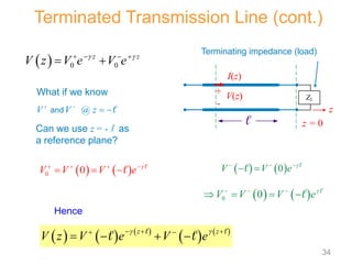 What if we know
@
V V z
 
 
and
   
0 0
V V V e 
   
   

     
   
z z
V z V e V e
 
  
 
   
 
 
   
0
V V e 
  
  

   
0 0
V V V e
  
    

Terminated Transmission Line (cont.)
  0 0
z z
V z V e V e
 
   
 
Hence
Can we use z = - l as
a reference plane?
I(z)
V(z)
+
-
z
ZL
 z = 0
Terminating impedance (load)
34
 