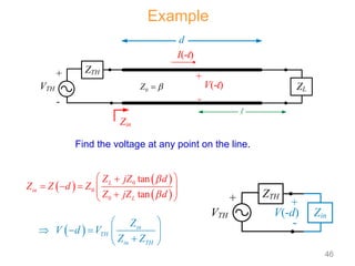  
 
 
0
0
0
tan
tan
L
in
L
Z jZ d
Z Z d Z
Z jZ d


 

    
 

 
  in
TH
in TH
Z
V d V
Z Z
 
    

 
I(-l)
V(-l)
+
l
ZL
-
0
Z 

ZTH
VTH
d
Zin
+
-
ZTH
VTH
+
Zin
V(-d)
+
-
Example
Find the voltage at any point on the line.
46
 