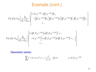 Example (cont.)
 
   
   
2
2 2
2
2 2 2
0
0
1
1
j d j d
L S L S
j d j d j d
TH L L S L S
TH
e e
Z
V d V e e e
Z Z
 
  
 
  
 
      
 
  
 
          
  
 
 

  

 
 



Geometric series:
2
0
1
1 , 1
1
n
n
z z z z
z


     

 
 
 
       
2 2
2 2 2 2
0
0
1 j d j d
L L S
j d j d j d j d
TH L S L L S L S
TH
e e
Z
V d V e e e e
Z Z
 
   
 
   
 
    
 
  
   
          
     
 

 
 

 

2
j d
L S
z e 

  
52
 