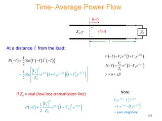 I(-l)
V(-l)
+
l
ZL
-
0 ,
Z 
At a distance l from the load:
     
 
  
*
*
2
0 2 2 * 2
*
0
1
Re 1 1
1
R
2
e
2
L L
V
e e
Z
V I
e
P
  

 
 
 
 
   
 
 
 
  
  
   
2
2
0 2 4
0
1
1
2
L
V
P e e
Z
 


   
 

If Z0  real (low-loss transmission line)
Time- Average Power Flow
   
   
2
0
2
0
0
1
1
L
L
V V e e
V
I e e
Z
j
 
 
  
 


   
  
 
 
 


 
*
2 * 2
*
2 2
L L
L L
e e
e e
 
 
 
 
 
   

 
 
pure imaginary
Note:
54
 