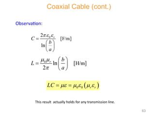 0
H/m
ln [ ]
2
r b
L
a
 

 
  
 
Observation:
0
F/m
2
[ ]
ln
r
C
b
a
 

 
 
 
 
0 0 r r
LC     
 
This result actually holds for any transmission line.
Coaxial Cable (cont.)
63
 