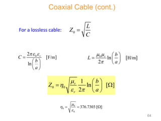0
H/m
ln [ ]
2
r b
L
a
 

 
  
 
For a lossless cable:
0
F/m
2
[ ]
ln
r
C
b
a
 

 
 
 
0
L
Z
C

0 0
1
ln [ ]
2
r
r
b
Z
a


 
 
 
 
 
0
0
0
376.7303 [ ]



  
Coaxial Cable (cont.)
64
 