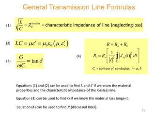 General Transmission Line Formulas
tan
G
C



 
0 0 r r
LC     
 
 
0
lossless
L
Z
C
  characteristic impedance of line (neglectingloss)
(1)
(2)
(3)
Equations (1) and (2) can be used to find L and C if we know the material
properties and the characteristic impedance of the lossless line.
Equation (3) can be used to find G if we know the material loss tangent.
a b
R R R
 
tan
G
C



(4)
Equation (4) can be used to find R (discussed later).
,
i
C i a b
 
contour of conductor,
2
2
1
( )
i
i s sz
C
R R J l dl
I
 
  
 
 


71
 