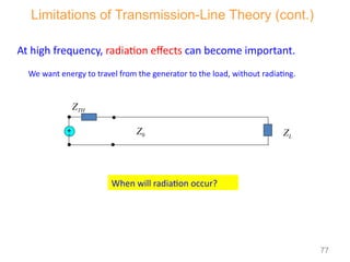 At high frequency, radiation effects can become important.
When will radiation occur?
We want energy to travel from the generator to the load, without radiating.
Limitations of Transmission-Line Theory (cont.)
ZTH
ZL
Z0
+
-
77
 