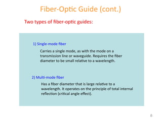 Fiber-Optic Guide (cont.)
Two types of fiber-optic guides:
1) Single-mode fiber
2) Multi-mode fiber
Carries a single mode, as with the mode on a
transmission line or waveguide. Requires the fiber
diameter to be small relative to a wavelength.
Has a fiber diameter that is large relative to a
wavelength. It operates on the principle of total internal
reflection (critical angle effect).
8
 