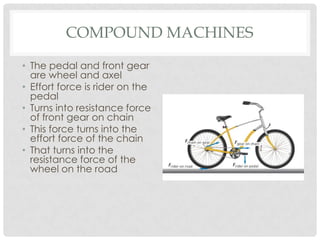 COMPOUND MACHINES

• The pedal and front gear
  are wheel and axel
• Effort force is rider on the
  pedal
• Turns into resistance force
  of front gear on chain
• This force turns into the
  effort force of the chain
• That turns into the
  resistance force of the
  wheel on the road
 