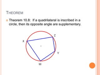 THEOREM
   Theorem 10.8: If a quadrilateral is inscribed in a
    circle, then its opposite angle are supplementary.
 