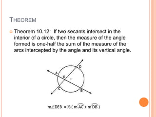 THEOREM
   Theorem 10.12: If two secants intersect in the
    interior of a circle, then the measure of the angle
    formed is one-half the sum of the measure of the
    arcs intercepted by the angle and its vertical angle.
 