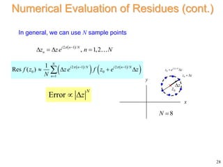 28
Numerical Evaluation of Residues (cont.)
In general, we can use N sample points
 
   
 
2 1 / 2 1 /
0 0
1
1
Res ( )
N
i n N i n N
n
f z z e f z e z
N
 
 

   

Error
N
z
 
x
y
0
z
0
z z
 
z


2 /
0
i N
z e z

 
8
N 
 
2 1 /
, 1,2
i n N
n
z ze n N
 
   
 