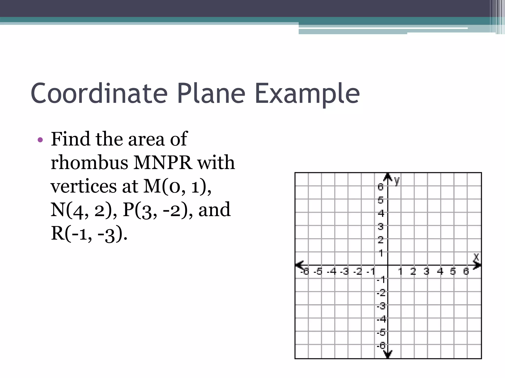Coordinate Plane Example
• Find the area of
rhombus MNPR with
vertices at M(0, 1),
N(4, 2), P(3, -2), and
R(-1, -3).