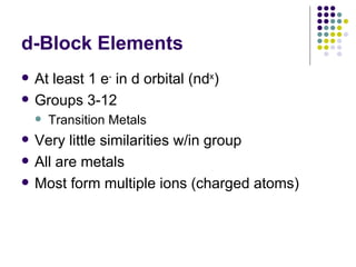 d-Block Elements At least 1 e -  in d orbital (nd x ) Groups 3-12 Transition Metals Very little similarities w/in group All are metals Most form multiple ions (charged atoms) 