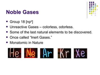 Noble Gases Group 18 [np 6 ] Unreactive Gases – colorless, odorless. Some of the last natural elements to be discovered. Once called “Inert Gases.” Monatomic in Nature 