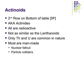 Actinoids 2 nd  Row on Bottom of table [5f x ] AKA Actinides All are radioactive Not as similar as the Lanthanoids Only Th and U are common in nature Most are man-made Nuclear fallout Particle colliders 