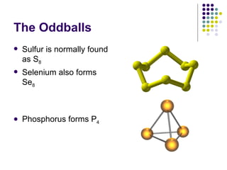The Oddballs Sulfur is normally found as S 8 Selenium also forms Se 8 Phosphorus forms P 4 