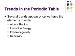 Trends in the Periodic Table Several trends appear once we have the elements in order Atomic Radius Ionization Energy Electronegativity Reactivity 