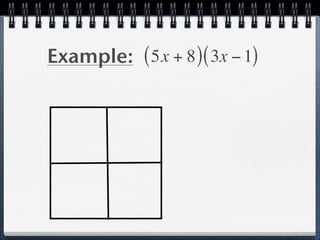 Example: ( 5x + 8 ) ( 3x − 1)
 
