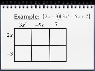 Example: ( 2x − 3) ( 3x − 5x + 7 )
                            2

            2
       3x       −5x    7
2x


−3
 