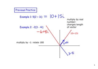 Previous Practice:

   Example 1: 5(2 + 3i)
                             multiply by real 
                             number: 
                             changes length 
   Example 2: -2(3 - 4i)     of vector

                                10+15i



multiply by ­1: rotate 180




                                                 1
 