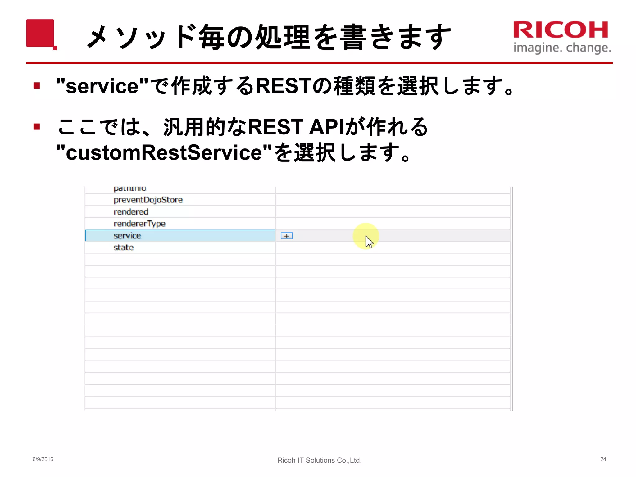 メソッド毎の処理を書きます
 "service"で作成するRESTの種類を選択します。
 ここでは、汎用的なREST APIが作れる
"customRestService"を選択します。
6/9/2016 Ricoh IT Solutions Co.,Ltd. 24
 
