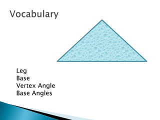 Leg
Base
Vertex Angle
Base Angles
 