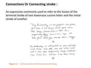 Connections Or Connecting stroke :
An expression commonly used to refer to the fusion of the
terminal stroke of one lowercase cursive letter and the initial
stroke of another.
 