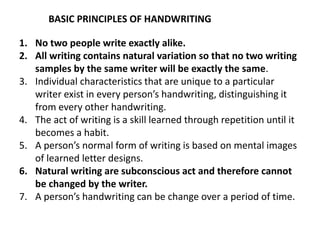 BASIC PRINCIPLES OF HANDWRITING
1. No two people write exactly alike.
2. All writing contains natural variation so that no two writing
samples by the same writer will be exactly the same.
3. Individual characteristics that are unique to a particular
writer exist in every person’s handwriting, distinguishing it
from every other handwriting.
4. The act of writing is a skill learned through repetition until it
becomes a habit.
5. A person’s normal form of writing is based on mental images
of learned letter designs.
6. Natural writing are subconscious act and therefore cannot
be changed by the writer.
7. A person’s handwriting can be change over a period of time.
 