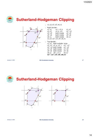 1/3/2023
14
Sutherland-Hodgeman Clipping
27
January 3, 2023 DOI, Kurukshetra University
Sutherland-Hodgeman Clipping
28
January 3, 2023 DOI, Kurukshetra University
 