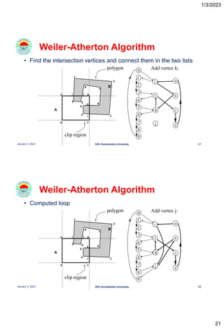 1/3/2023
21
• Find the intersection vertices and connect them in the two lists
Weiler-Atherton Algorithm
41
January 3, 2023 DOI, Kurukshetra University
a b
c
d
0
1
2
3
4
5
6
7
8
9
A
B
i j
k
l
clip region
polygon
1
2
3
5
4
6
8
7
9
0
a
b
c
d
i
l
k
j
Add vertex k:
• Computed loop
Weiler-Atherton Algorithm
42
January 3, 2023 DOI, Kurukshetra University
a b
c
d
0
1
2
3
4
5
6
7
8
9
A
B
i j
k
l
clip region
polygon
1
2
3
5
4
6
8
7
9
0
a
b
c
d
i
l
k
j
Add vertex j:
 