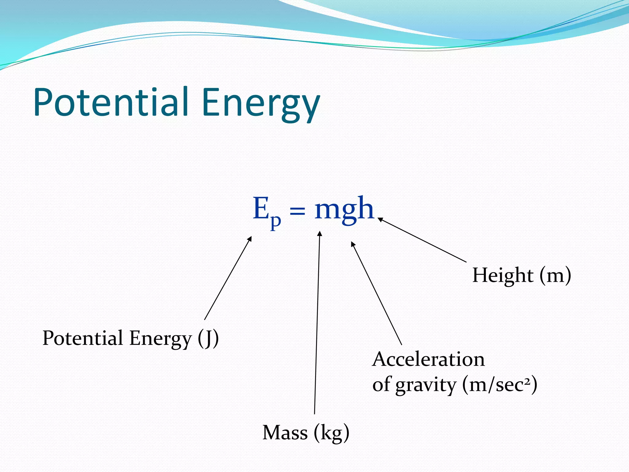 Potential Energy
Ep = mgh
Height (m)
Potential Energy (J)
Acceleration
of gravity (m/sec2)
Mass (kg)