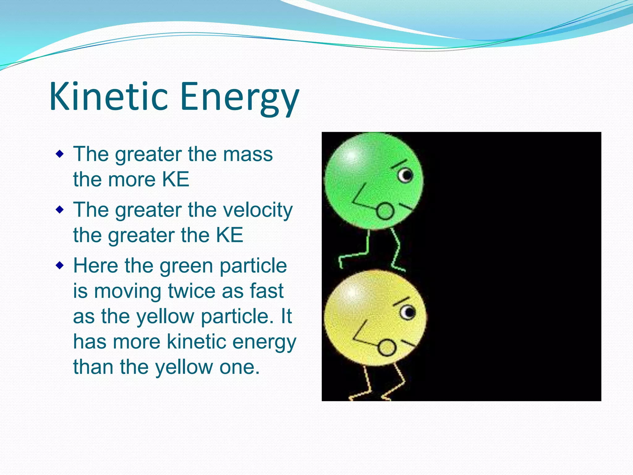 Kinetic Energy
The greater the mass
the more KE
The greater the velocity
the greater the KE
Here the green particle
is moving twice as fast
as the yellow particle. It
has more kinetic energy
than the yellow one.