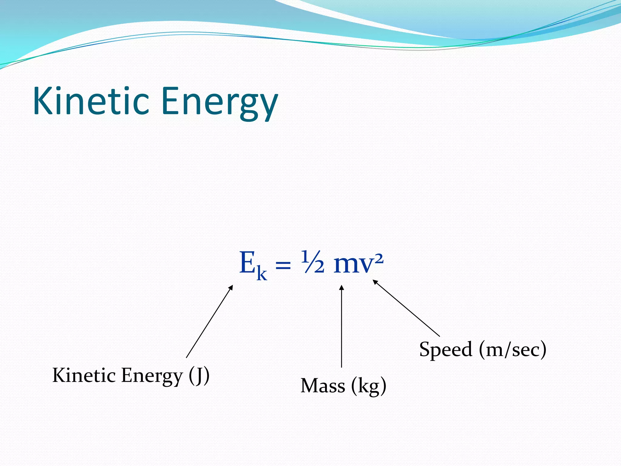 Kinetic Energy
Ek = ½ mv2
Speed (m/sec)
Kinetic Energy (J)
Mass (kg)