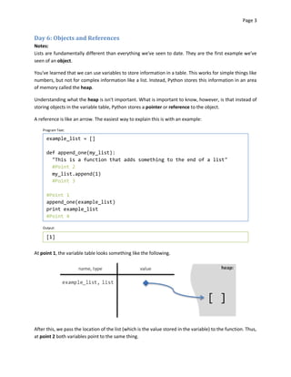 Page 3


Day 6: Objects and References
Notes:
Lists are fundamentally different than everything we've seen to date. They are the first example we've
seen of an object.

You've learned that we can use variables to store information in a table. This works for simple things like
numbers, but not for complex information like a list. Instead, Python stores this information in an area
of memory called the heap.

Understanding what the heap is isn't important. What is important to know, however, is that instead of
storing objects in the variable table, Python stores a pointer or reference to the object.

A reference is like an arrow. The easiest way to explain this is with an example:

    Program Text:

      example_list = []

      def append_one(my_list):
        "This is a function that adds something to the end of a list"
        #Point 2
        my_list.append(1)
        #Point 3

      #Point 1
      append_one(example_list)
      print example_list
      #Point 4

    Output:

      [1]


At point 1, the variable table looks something like the following.




After this, we pass the location of the list (which is the value stored in the variable) to the function. Thus,
at point 2 both variables point to the same thing.
 